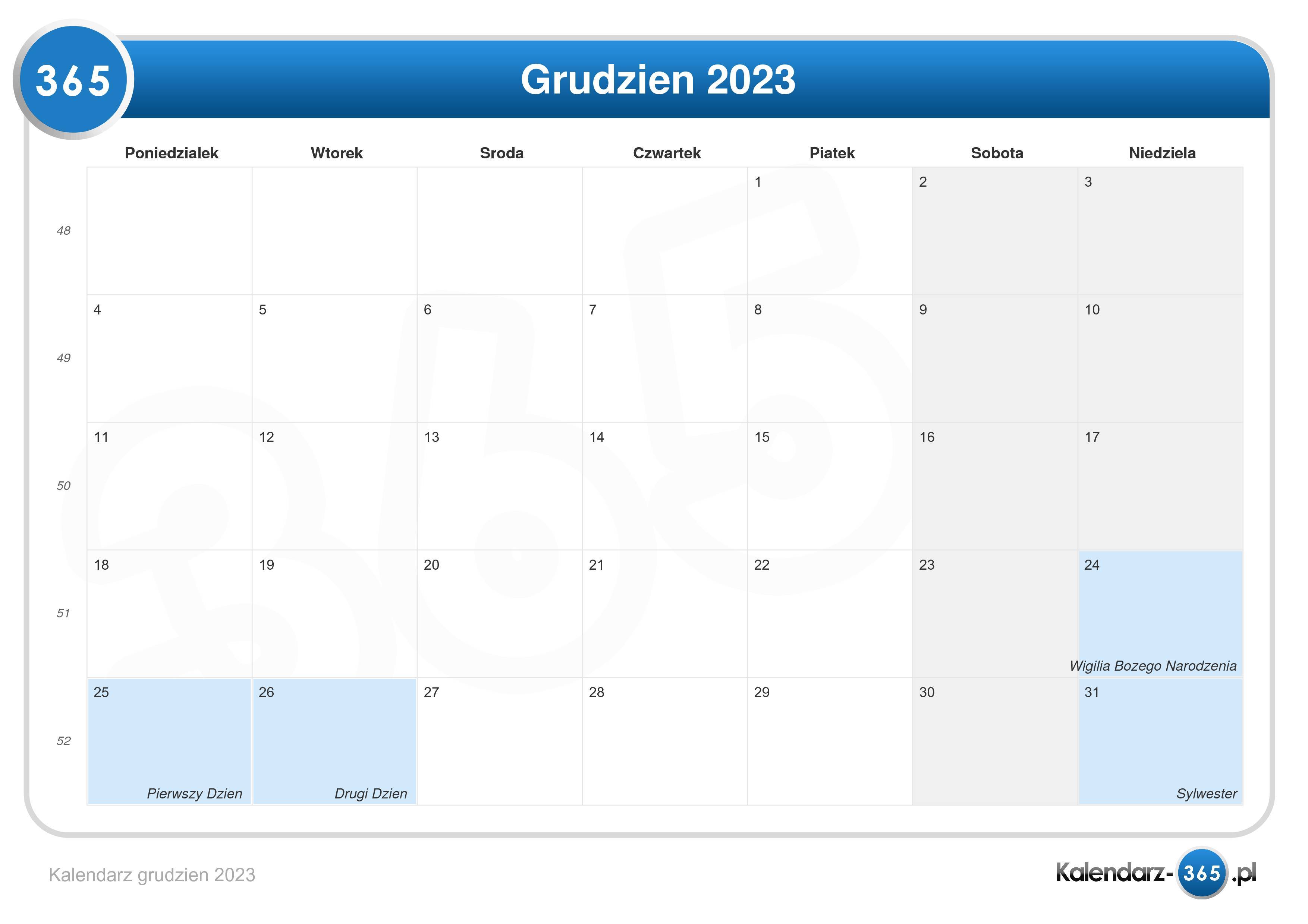 Kalendarz Grudzień 2023 1722