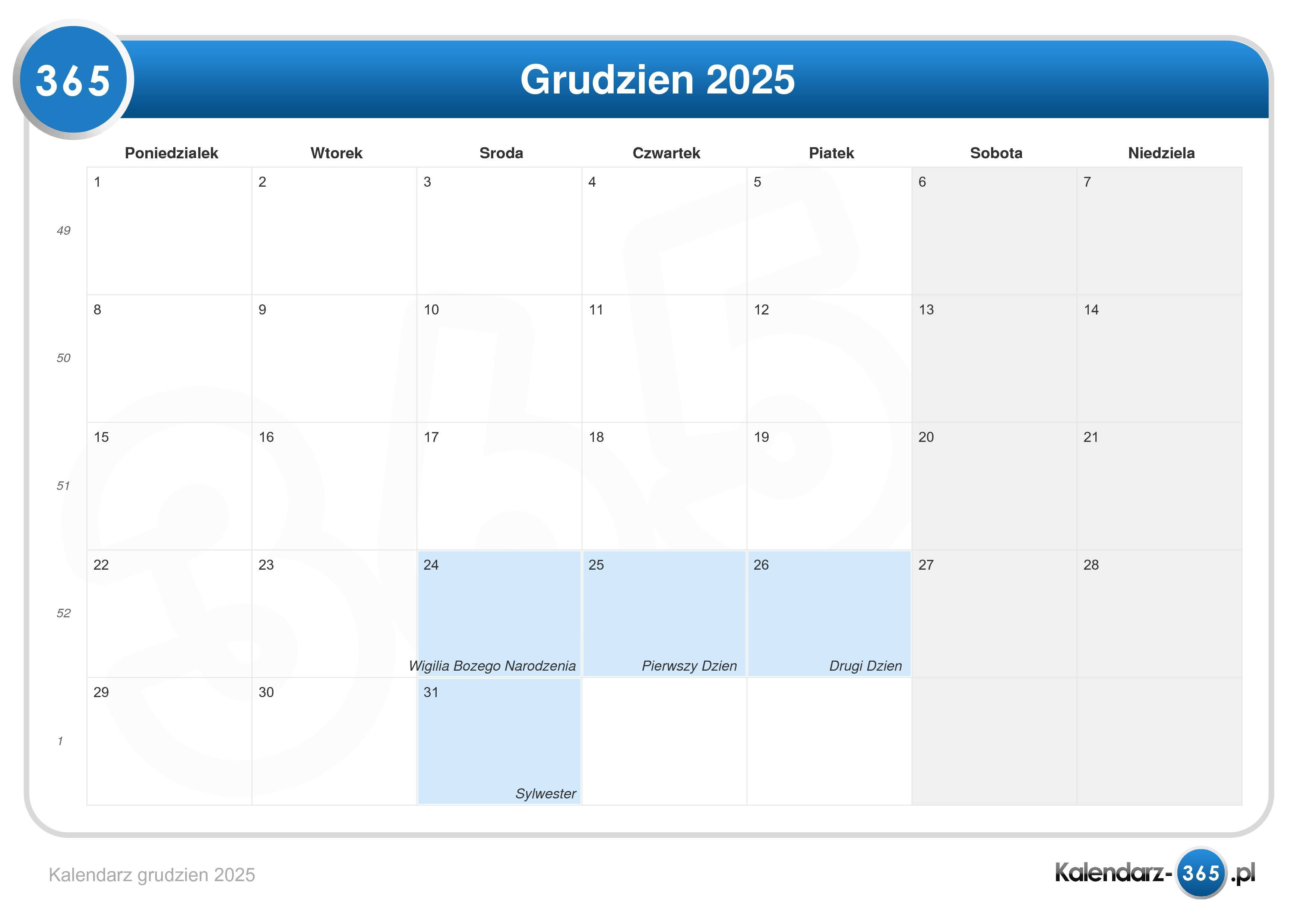 Kalendarz grudzień 2025