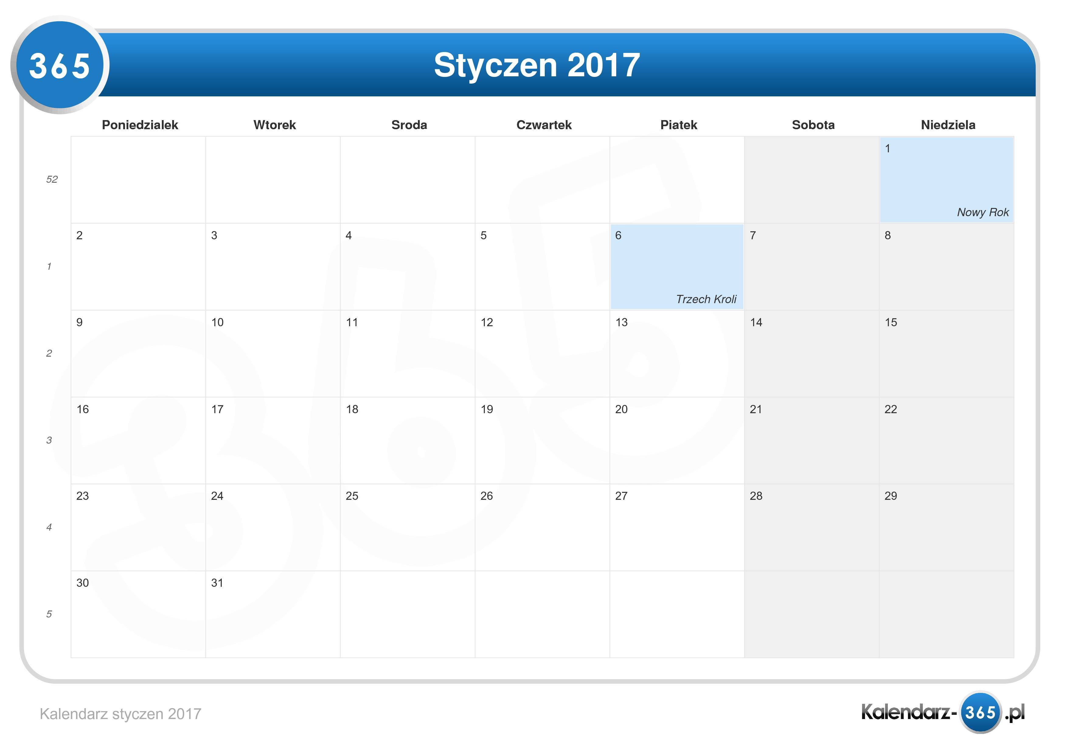 Kalendarz Styczeń 2017